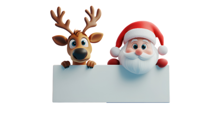 Santa Claus and Reindeer Holiday Greeting Character Holding Sign Advertisement Illustration Render