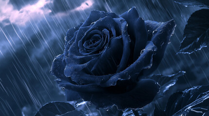 Mystical blue rose glistening with raindrops under a stormy sky, perfect for conveying deep emotion and dramatic beauty in creative projects