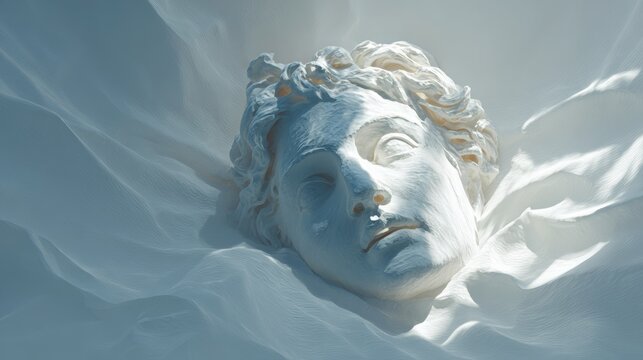 White marble classical sculpture head of a man with curly hair on white fabric background, art and history concept.