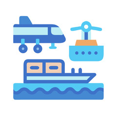 Flat design icons showing air, sea, and water travel