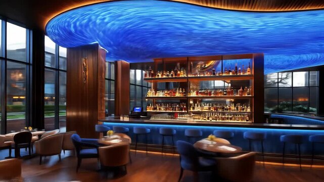 Chic, modern bar with a wavy, blue ceiling, illuminated bar, and city views