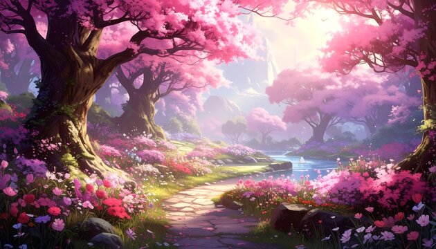 Enchanting pink trees line a winding path beside a tranquil stream.