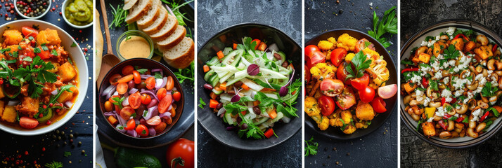 Fototapeta premium Colorful and fresh salad variety showcased on dark backgrounds during a vibrant culinary presentation