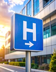 Blue hospital sign with white "H" and arrow, near modern building, outdoor shot