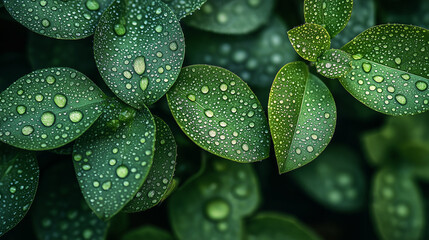 Vibrant emerald leaves adorned with sparkling dew drops capture the refreshing essence of a lush, verdant morning after a gentle rain shower.