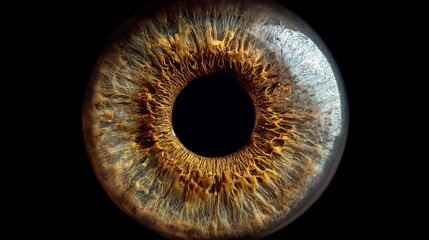 Close-up of a human eye showcasing intricate details of the iris and pupil, capturing a blend of browns and gold.