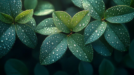 Stunning close up of lush green leaves adorned with sparkling dew drops, capturing nature's fresh morning beauty and vibrant life