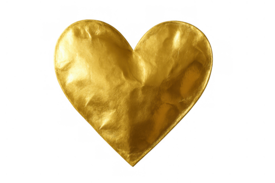 Golden crinkled foil heart symbol on transparent background. Representing love, romance, and luxury texture