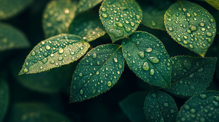 Stunning macro view of lush green leaves glistening with fresh morning dew, capturing nature's vibrant renewal and serene beauty