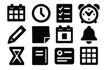 Bold Scheduling Icons. Scheduling Basics silhouette icon set: calendar, clock, checklist, alarm, pencil, sticky note, date picker, bell, hourglass, planner book, reminder card,