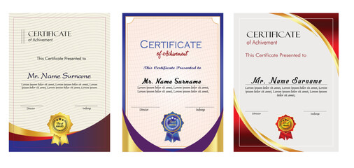 Certificate of Achievement Template Set with Gold Badge ,Elegant Award, Diploma, and Recognition Design Collection.