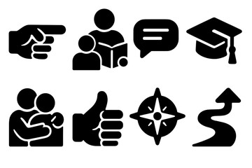 Brutalist Parental Icons. Parental Guidance silhouette icon set: pointing hand, book and child, advice chat bubble, graduation cap, supportive hug, encouragement gesture, compass