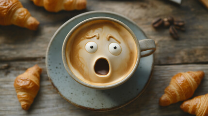 Surprised coffee art with expressive foam face and croissants on rustic wooden table, perfect for morning mood or cafe promotions