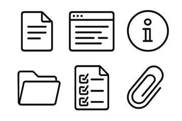 Outline Style Icons. Documentation linear icon set: document sheet, text editor window, information icon, folder, checklist, paper clip.