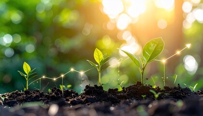 Growth concept depicted through plant sprouts and an upward trend indicator in a lush green