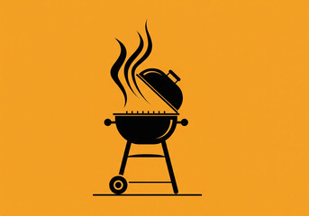 Silhouette Icon of a Kettle Barbecue Grill with Smoke on a Yellow Background