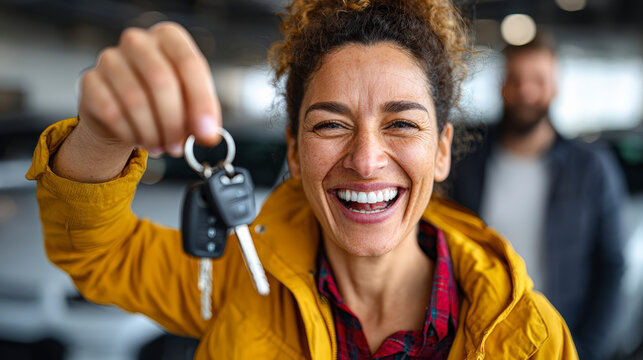 Joyful woman holding car keys, smiling broadly, with a man in the background at a car dealership. A happy new car owner.