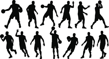 Basketball player silhouettes in motion, dribbling, running, and shooting poses, athletic movement, fitness training, sports concept illustration, isolated design © MissSukhi