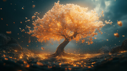 Enchanting glowing tree with golden leaves and ethereal light creates a magical, dreamlike forest scene with falling petals