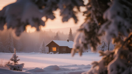 Snowy Evening Cabin Surrounded by Pine Trees in Warm Sunset Glow