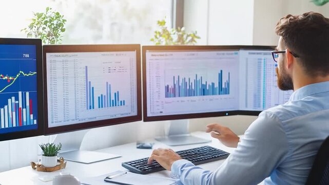 Businessman analyzing financial data on multiple computer screens, working with charts and spreadsheets in office