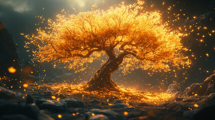 Enchanting golden tree with glowing leaves falling in magical forest, perfect for fantasy book covers or creative spiritual designs with a mystical ambiance