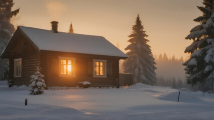 Glowing Wooden Cottage Amid Snowy Pines at Dusk