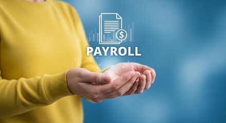 Concept of payroll management with a person holding a digital icon representing salary and financial services.