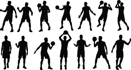 Silhouette of basketball players in action, dribbling, shooting, jumping, and passing ball, isolated on white background, sports teamwork concept illustration