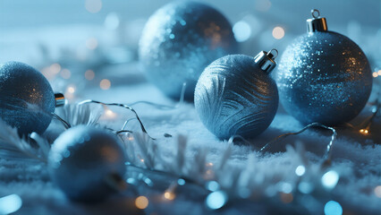 Festive Silver and Blue Baubles with Soft Holiday Lights