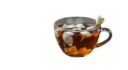 Refreshing iced tea in a clear glass mug with ice cubes and a delicate flower garnish isolated on transparent background