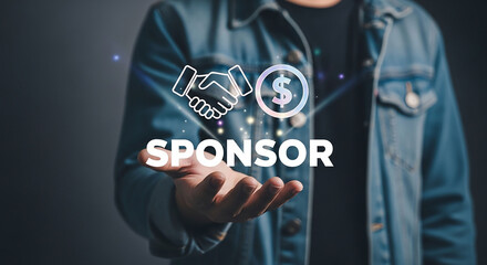 Person in denim jacket holding out hand with glowing digital icons for sponsorship, showing handshake, dollar sign, and "SPONSOR" text.
