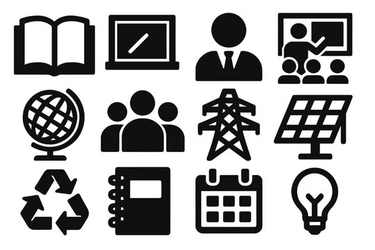 Educational Icon Set. Educational Electric Grid silhouette icon set: open book, chalkboard, teacher icon, classroom, globe, student group, power line, solar panel, recycling symbol - Powered by Adobe