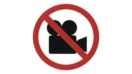 Clear prohibition symbol over classic camera icon signifying no filming or recording allowed in this area