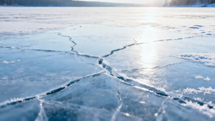 Frozen Lake Surface with Cracked Ice at Sunset