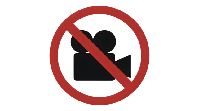 Clear prohibition symbol over classic camera icon signifying no filming or recording allowed in this area