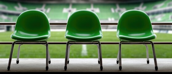 Three green chairs in a stadium overlooking a soccer field, ready for fans to enjoy the game during a sunny afternoon