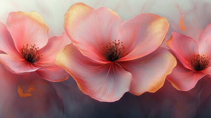 Elegant pink poppy flowers with shimmering gold accents create a luxurious and serene backdrop for sophisticated designs.