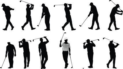 Obraz premium Silhouette of male golfer performing swing motion with golf club, professional sportsman practicing golf technique on white background illustration