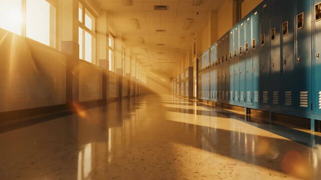 School hallway with lockers and sunlight streaming through windows