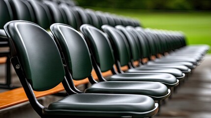 Rows of empty black seats in a green park during a sunny afternoon, ready for an event or gathering in a serene outdoor setting