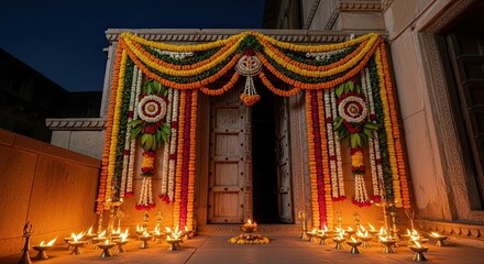 Obraz premium Vibrant Floral Archway Illuminated by Oil Lamps During a Festive Celebration