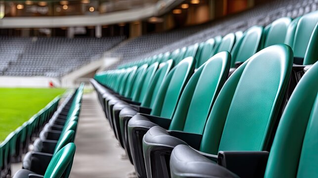 Empty green stadium seats show anticipation for an exciting sports event about to unfold in a bustling arena