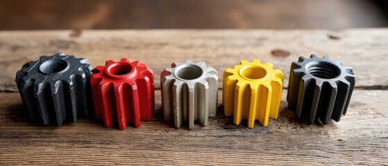 Colorful set of textured metal gears lined up on a wooden table showcasing craftsmanship and design details