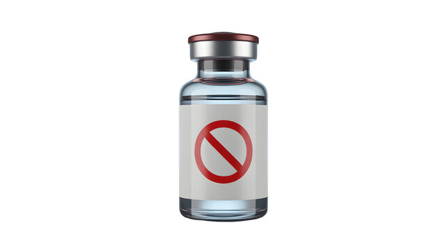 Medical vial with forbidden symbol signifying prohibition or restriction for pharmaceutical research and development