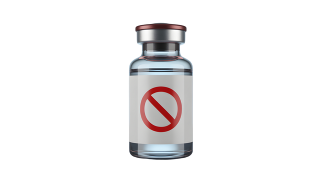 Medical vial with forbidden symbol signifying prohibition or restriction for pharmaceutical research and development