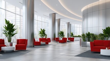 Modern lobby design featuring red seating and greenery in an urban high-rise building during daylight hours