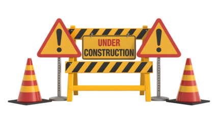 Warning caution signs and traffic cones signal important site activity and essential road work notices