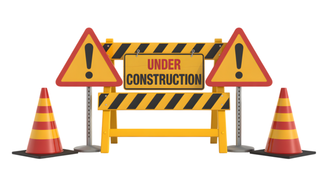 Warning caution signs and traffic cones signal important site activity and essential road work notices