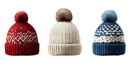 Winter Warmth Knitted Hats Cozy Headwear Collection Red White Blue Pom Poms Fashionable Cold Weather Style